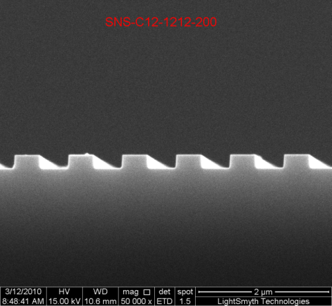 SEM Image of 855nm, 200nm Groove Depth Linear Silicon Nanostamps (Cross Section)